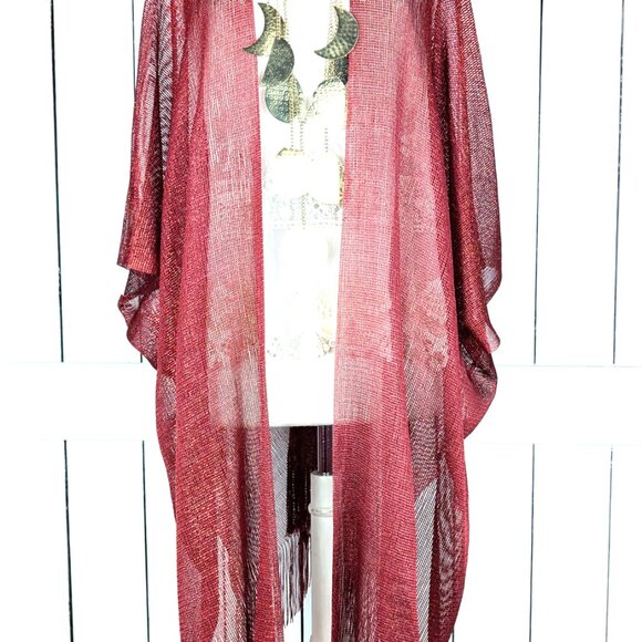 Red metallic mesh fringe kimono cover up - Picture 7 of 7